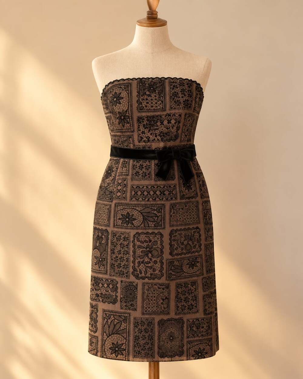 Vintage 90s Y2K Maggy London Strapless Dress Lace Patchwork Print Size 14